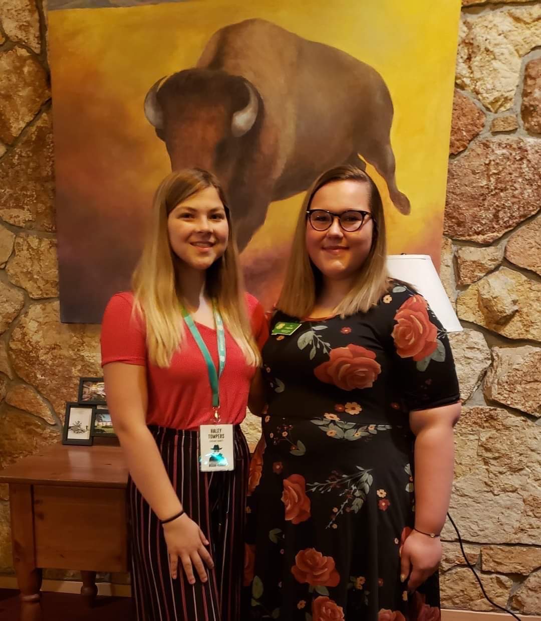 Two young ladies in dresses standing in front of a painting of a buffalo hanging on a rock slate wall.